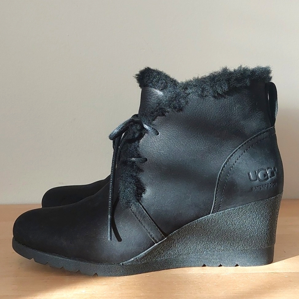 UGG black nubuck leather wedges booties